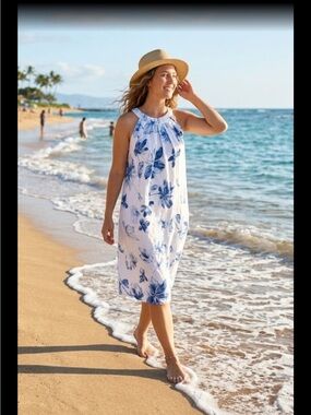 Bellambra Women's White and Blue Floral Midi Dress - Sleeveless Summer Style